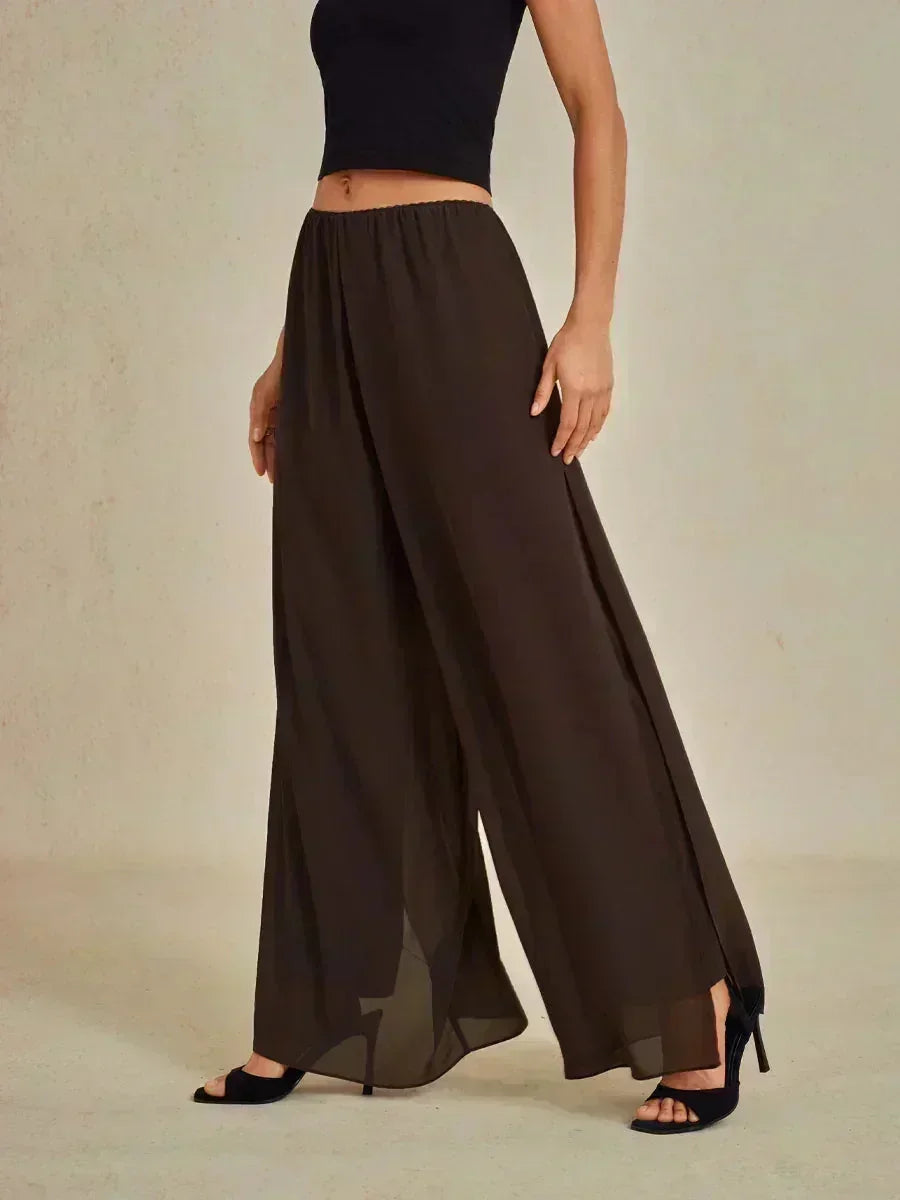 Pantaloni a Gamba Dritta con Sovrapposizione in Chiffon