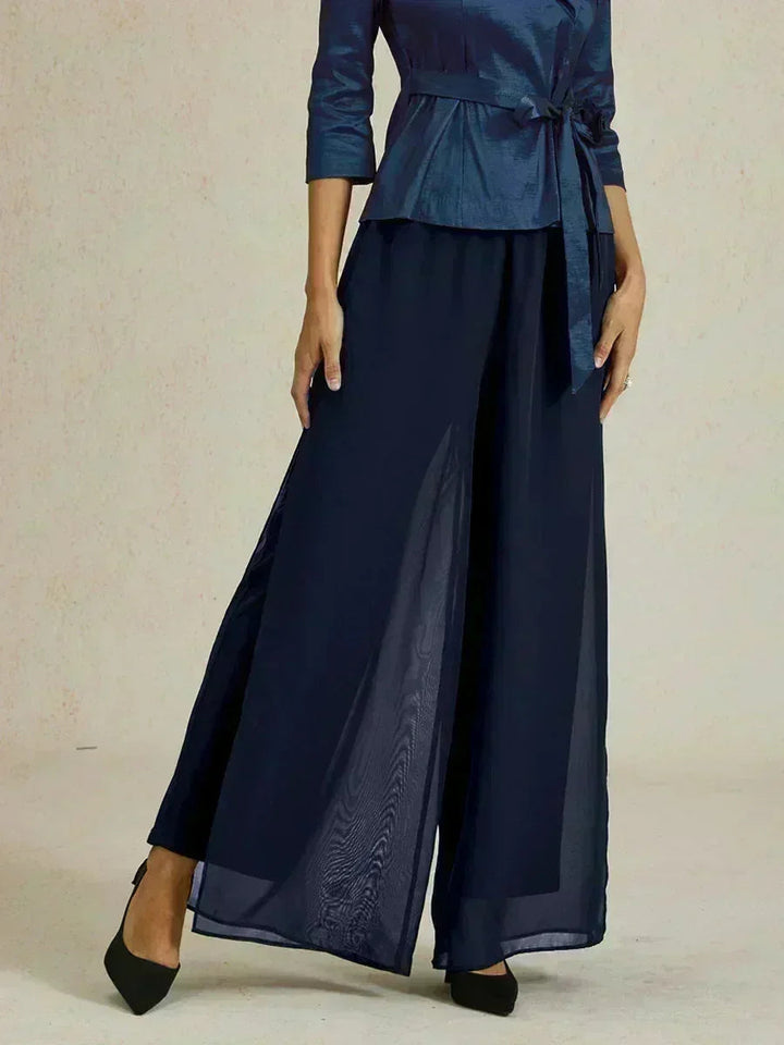 Pantaloni a Gamba Dritta con Sovrapposizione in Chiffon