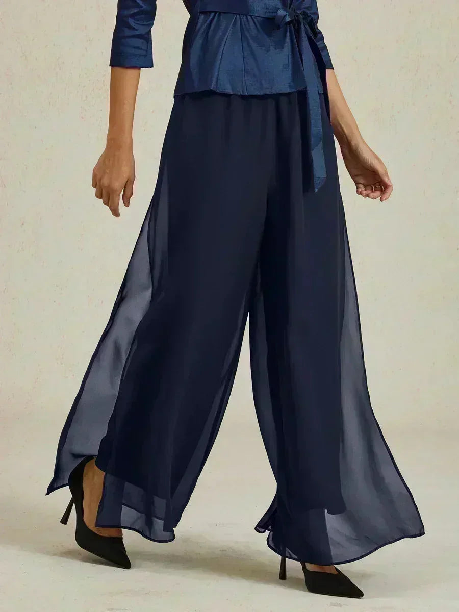 Pantaloni a Gamba Dritta con Sovrapposizione in Chiffon