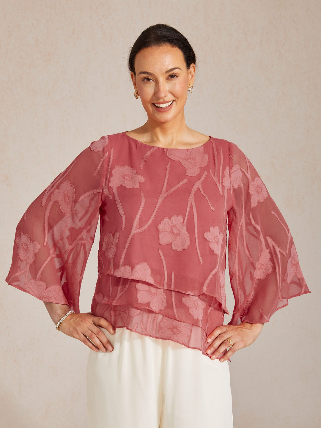 Blusa a Strati in Chiffon con Fiori