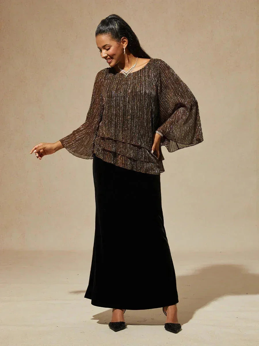 Blusa Asimmetrica a Strati in Chiffon Plissettato Metallico