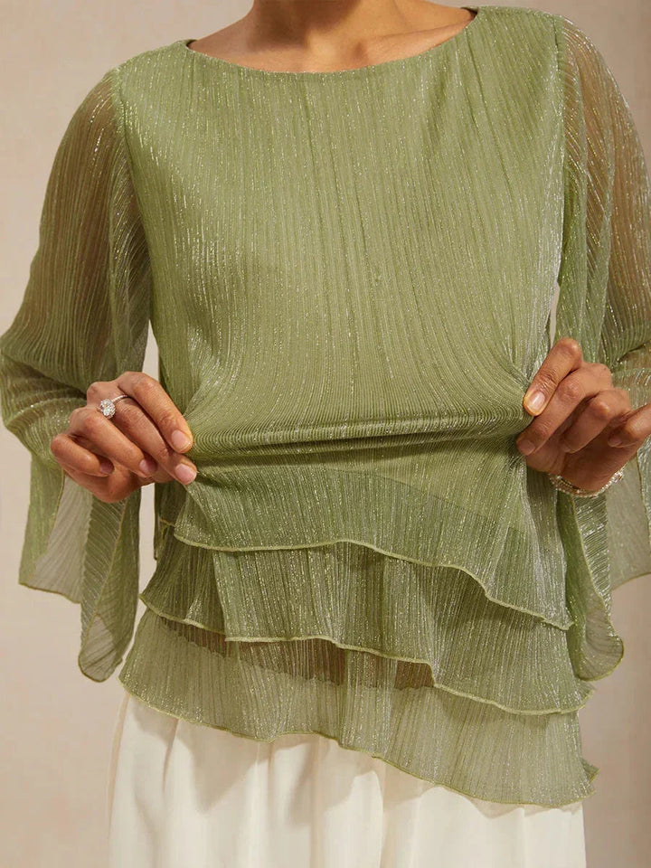 Blusa Asimmetrica a Strati in Chiffon Plissettato Metallico
