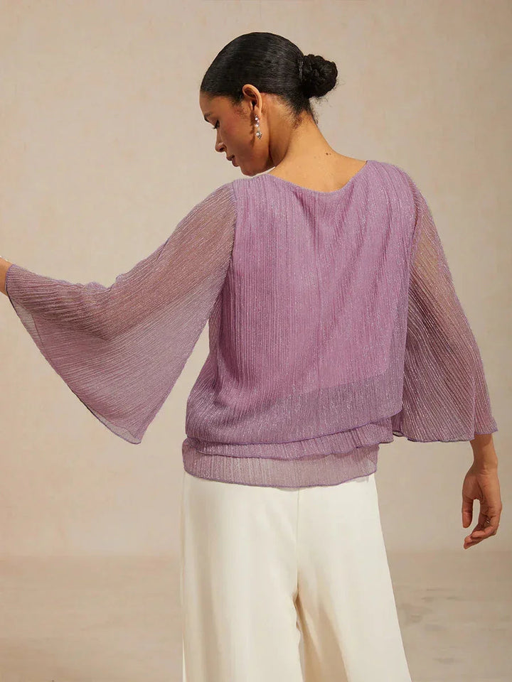 Blusa Asimmetrica a Strati in Chiffon Plissettato Metallico