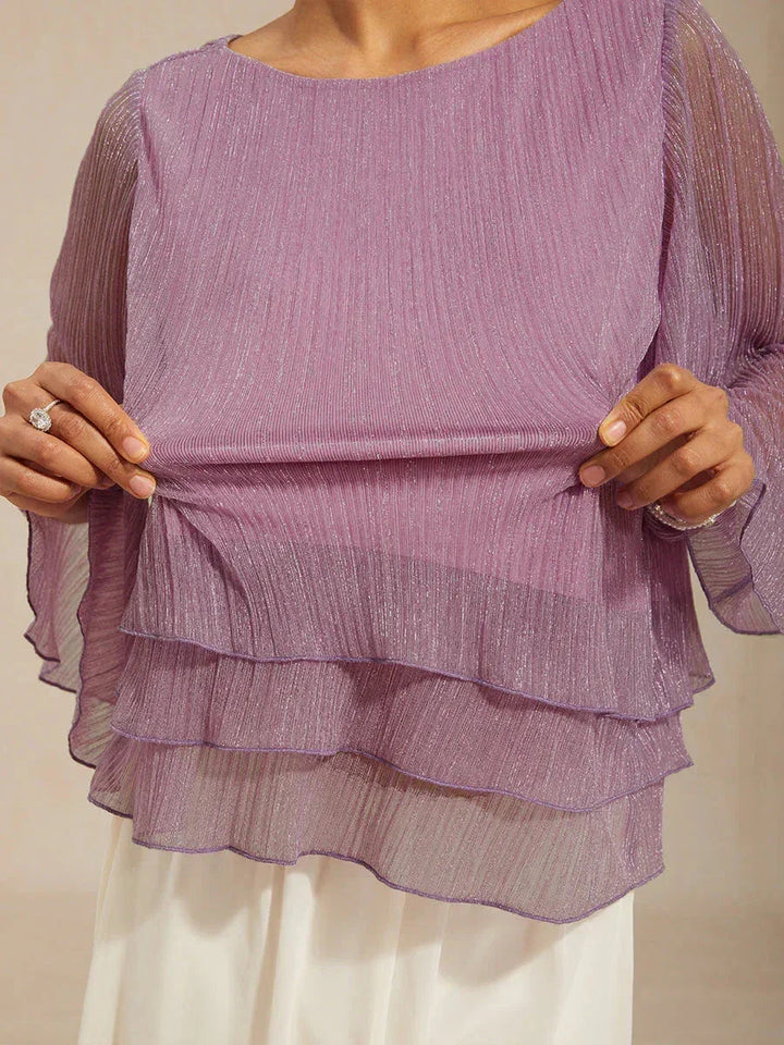Blusa Asimmetrica a Strati in Chiffon Plissettato Metallico