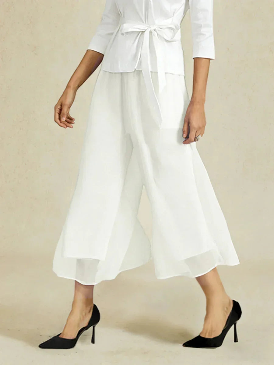 Pantaloni a gamba dritta cropped con sovrapposizione di chiffon