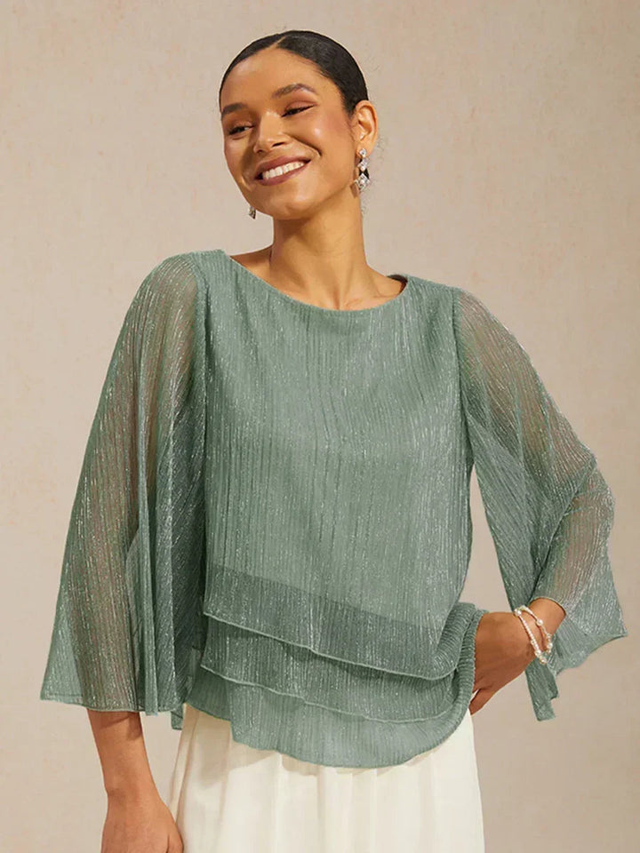 Blusa Asimmetrica a Strati in Chiffon Plissettato Metallico