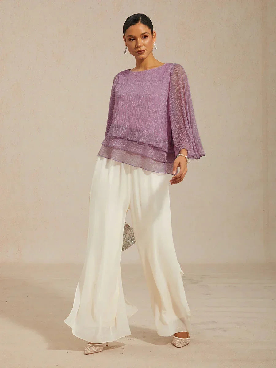 Blusa Asimmetrica a Strati in Chiffon Plissettato Metallico