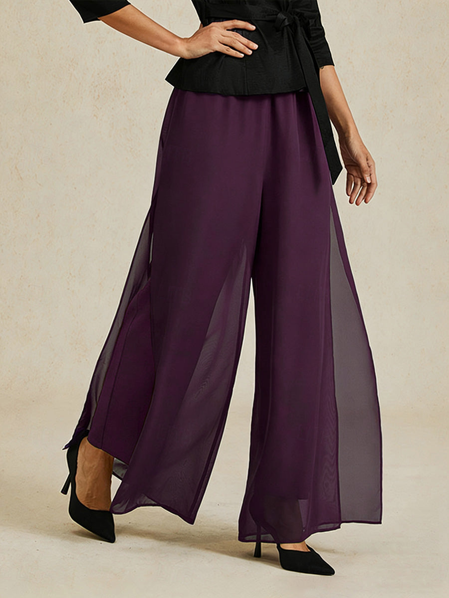 Pantaloni a Gamba Dritta con Sovrapposizione in Chiffon