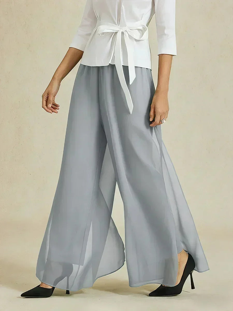 Pantaloni a Gamba Dritta con Sovrapposizione in Chiffon