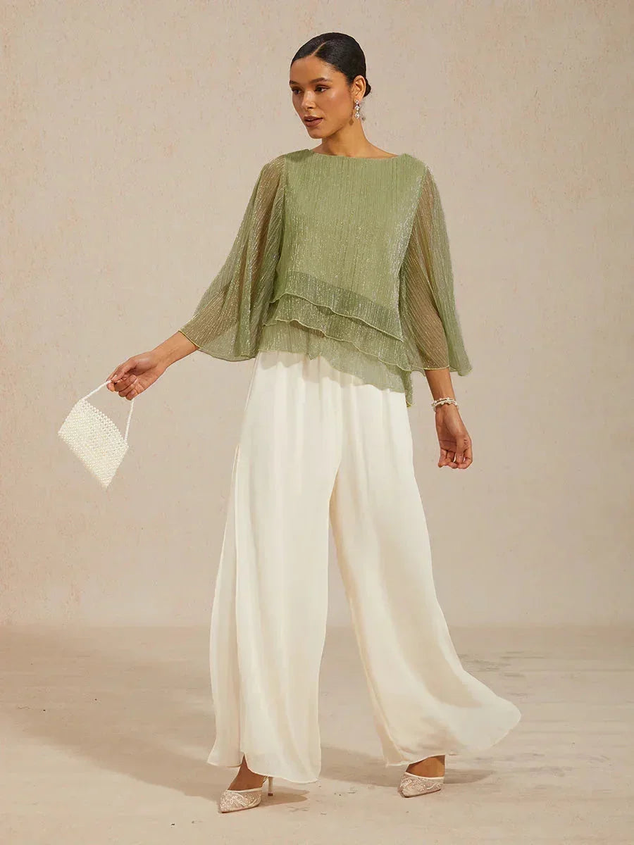 Blusa Asimmetrica a Strati in Chiffon Plissettato Metallico