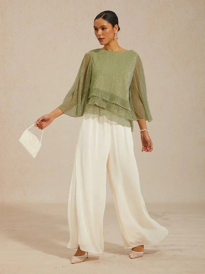 Blusa Asimmetrica a Strati in Chiffon Plissettato Metallico