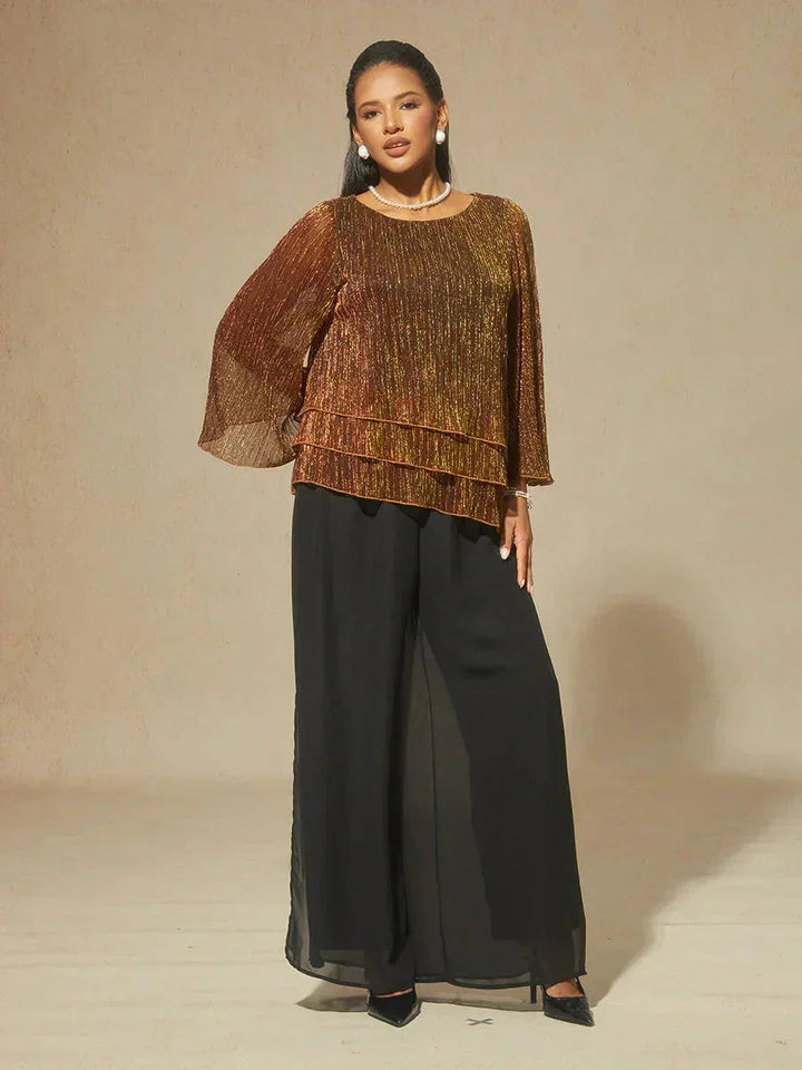 Blusa Asimmetrica a Strati in Chiffon Plissettato Metallico