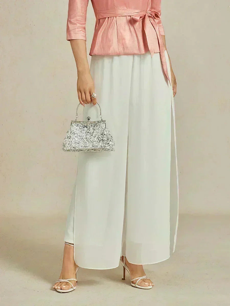 Pantaloni a Gamba Dritta con Sovrapposizione in Chiffon