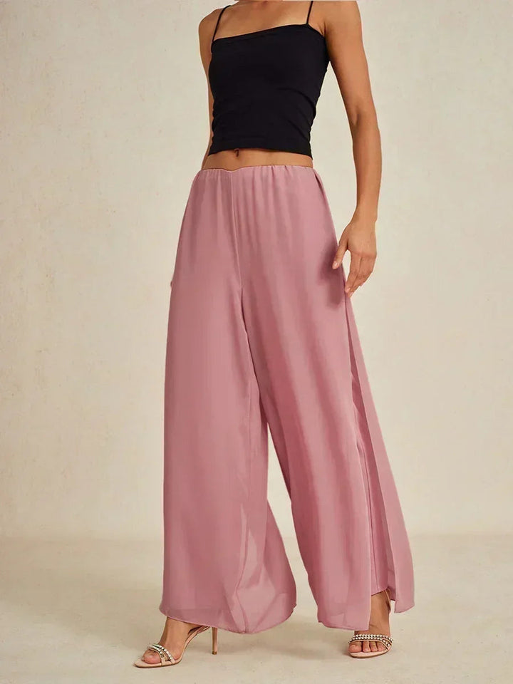 Pantaloni a Gamba Dritta con Sovrapposizione in Chiffon