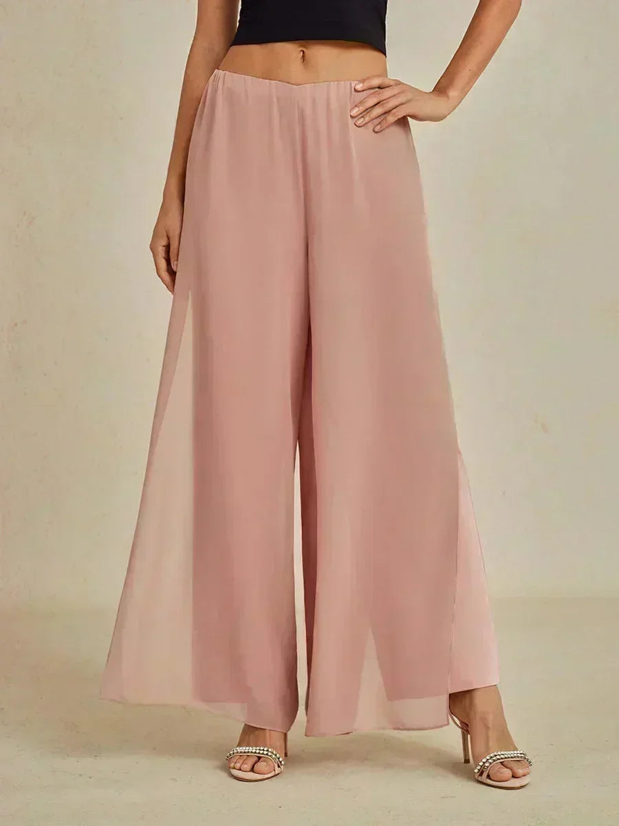Pantaloni a Gamba Dritta con Sovrapposizione in Chiffon