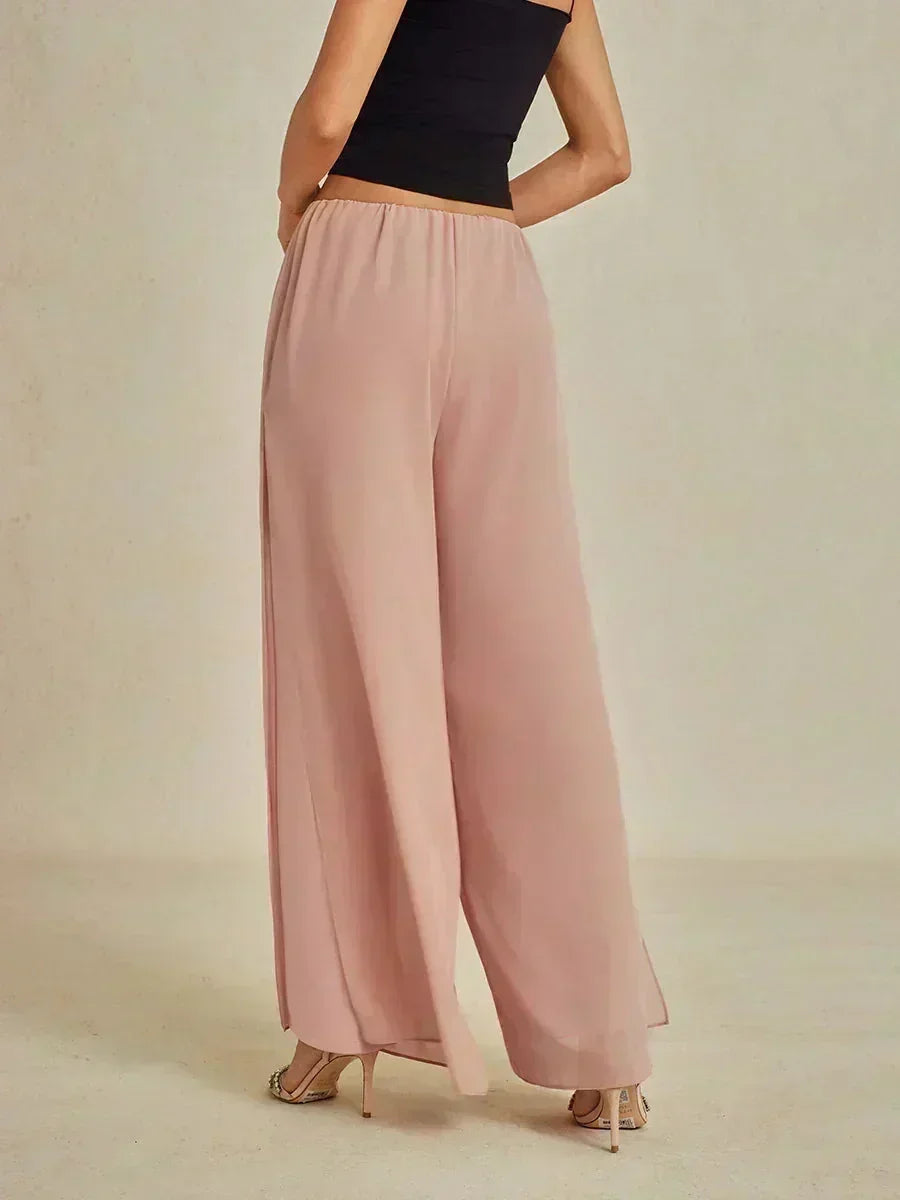 Pantaloni a Gamba Dritta con Sovrapposizione in Chiffon