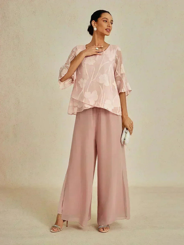 Pantaloni a Gamba Dritta con Sovrapposizione in Chiffon