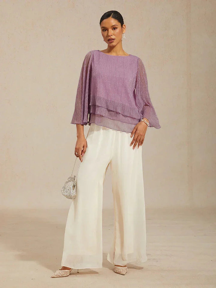 Blusa Asimmetrica a Strati in Chiffon Plissettato Metallico