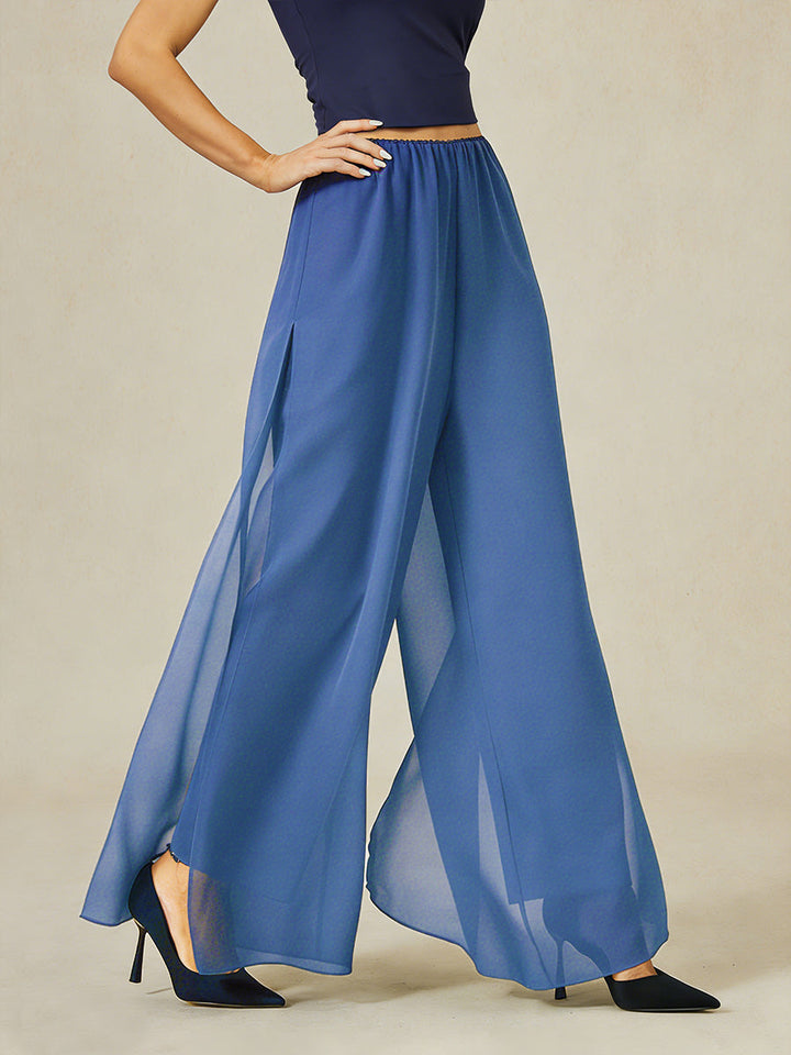Pantaloni a Gamba Dritta con Sovrapposizione in Chiffon