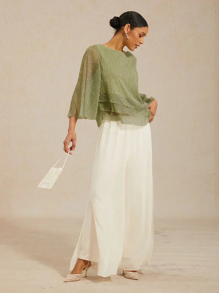 Blusa Asimmetrica a Strati in Chiffon Plissettato Metallico
