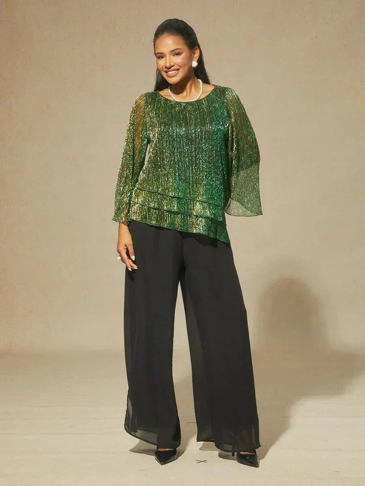 Blusa Asimmetrica a Strati in Chiffon Plissettato Metallico
