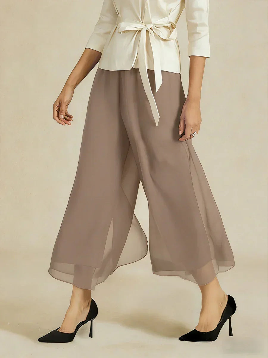 Pantaloni a gamba dritta cropped con sovrapposizione di chiffon