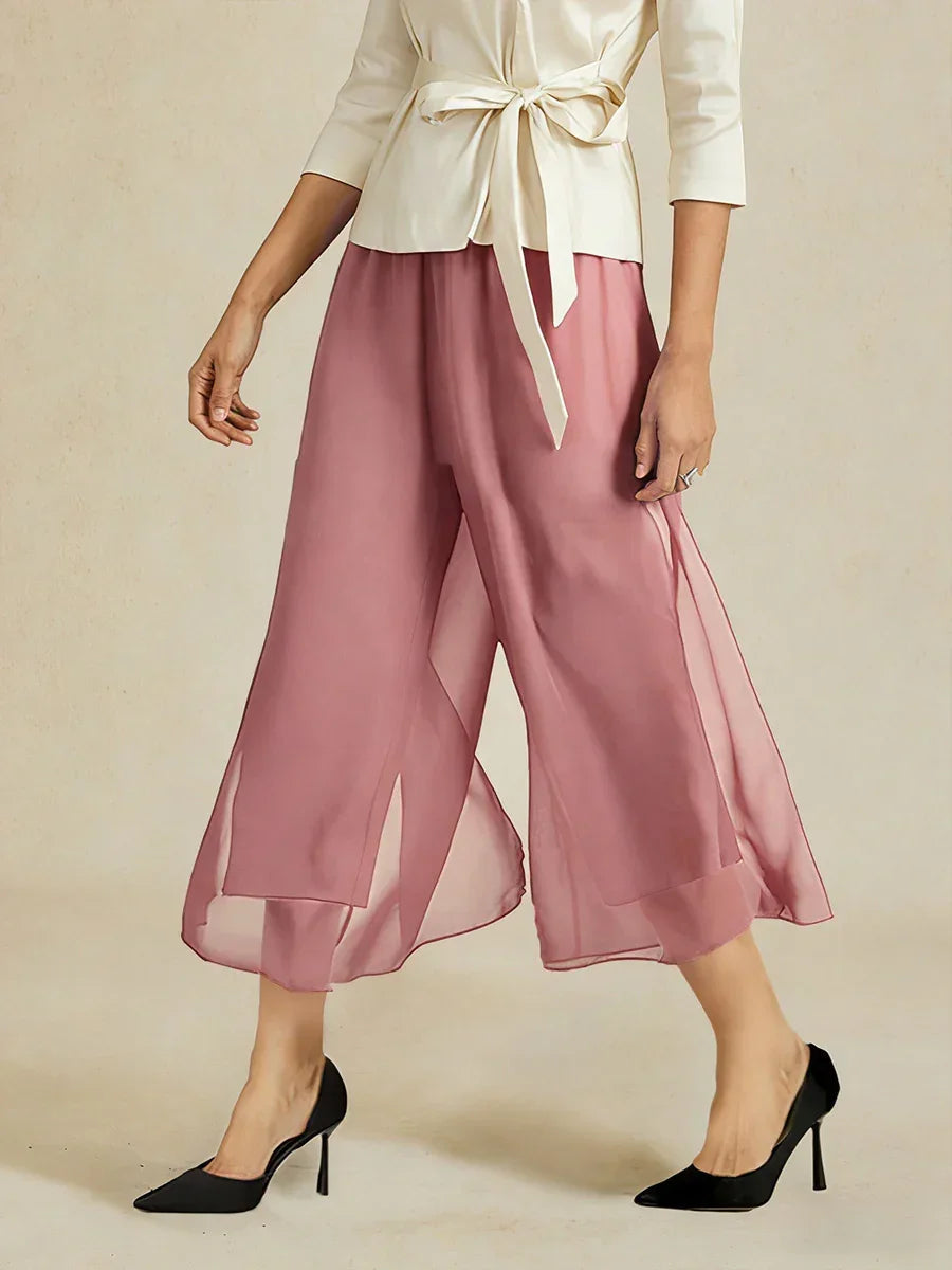Pantaloni a gamba dritta cropped con sovrapposizione di chiffon