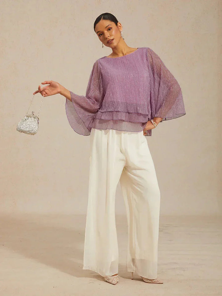 Blusa Asimmetrica a Strati in Chiffon Plissettato Metallico
