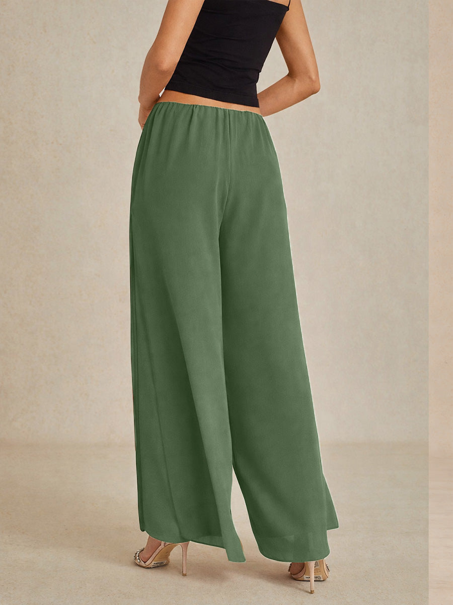 Pantaloni a Gamba Dritta con Sovrapposizione in Chiffon