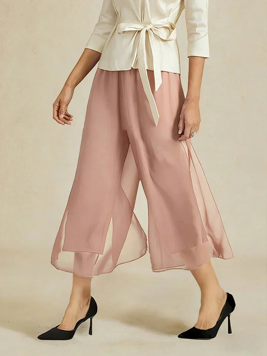 Pantaloni a gamba dritta cropped con sovrapposizione di chiffon