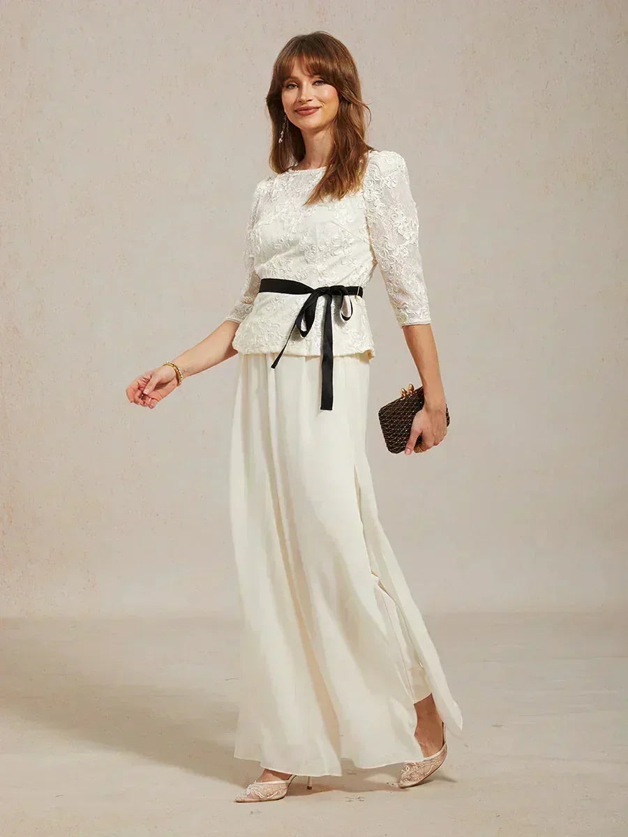Pantaloni a Gamba Dritta con Sovrapposizione in Chiffon