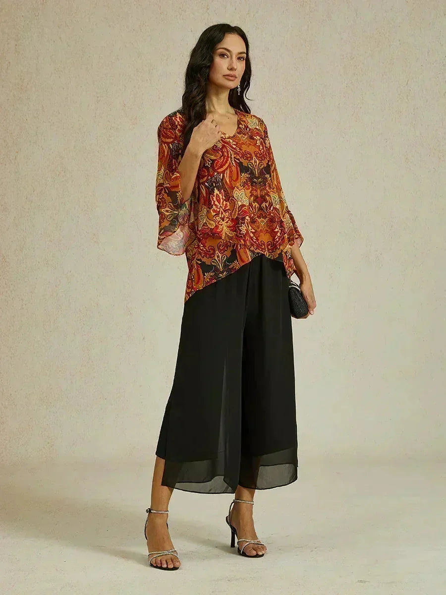Pantaloni a gamba dritta con lunghezza cropped e sovrapposizione in chiffon