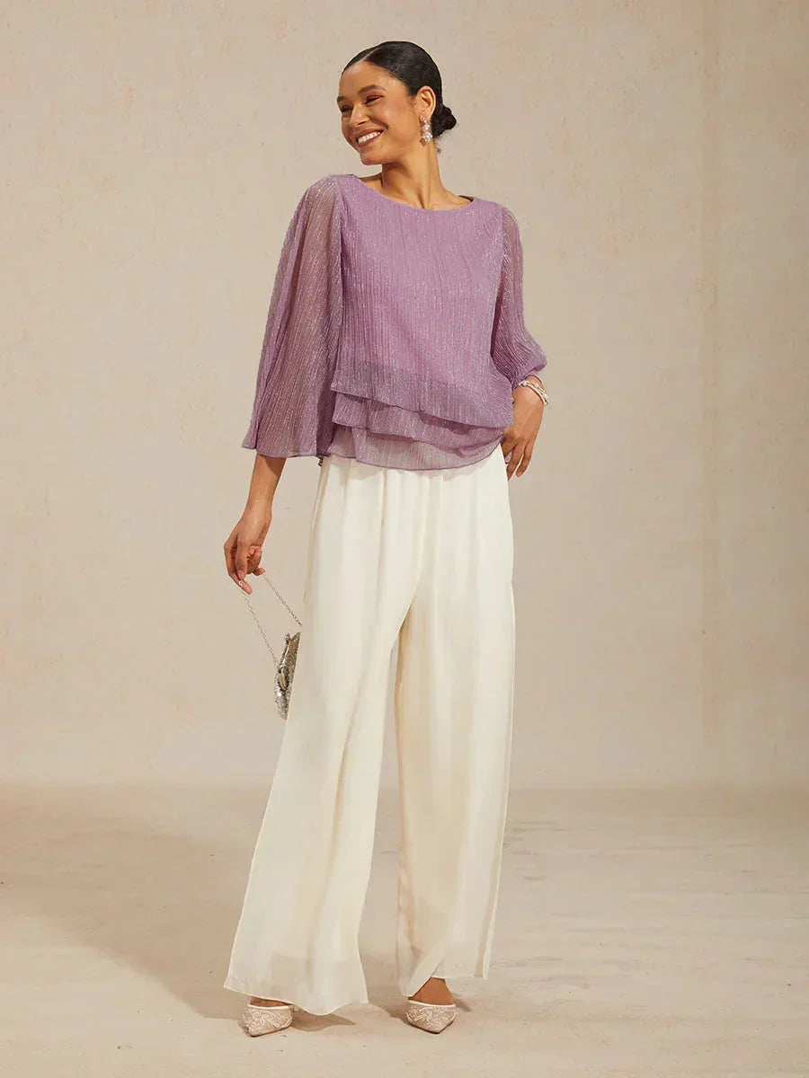 Blusa Asimmetrica a Strati in Chiffon Plissettato Metallico