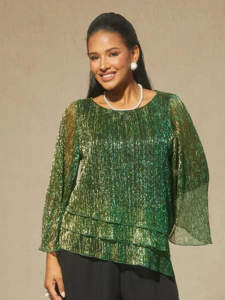 Blusa Asimmetrica a Strati in Chiffon Plissettato Metallico