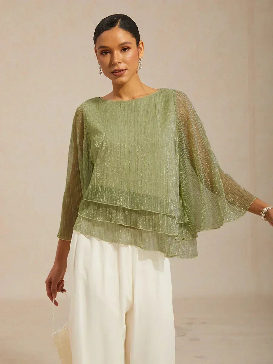 Blusa Asimmetrica a Strati in Chiffon Plissettato Metallico