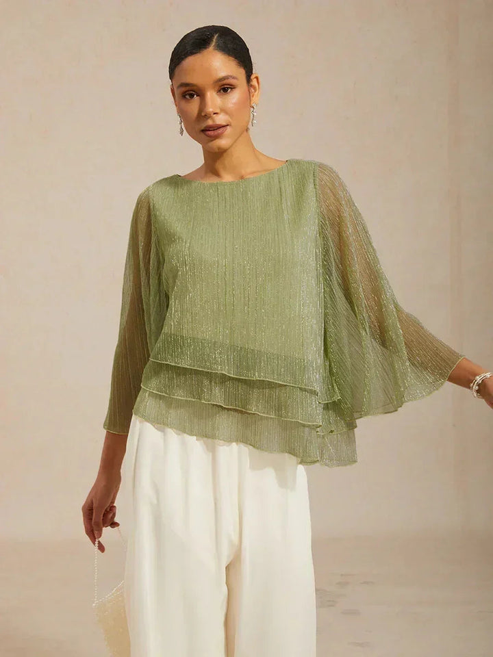 Blusa Asimmetrica a Strati in Chiffon Plissettato Metallico
