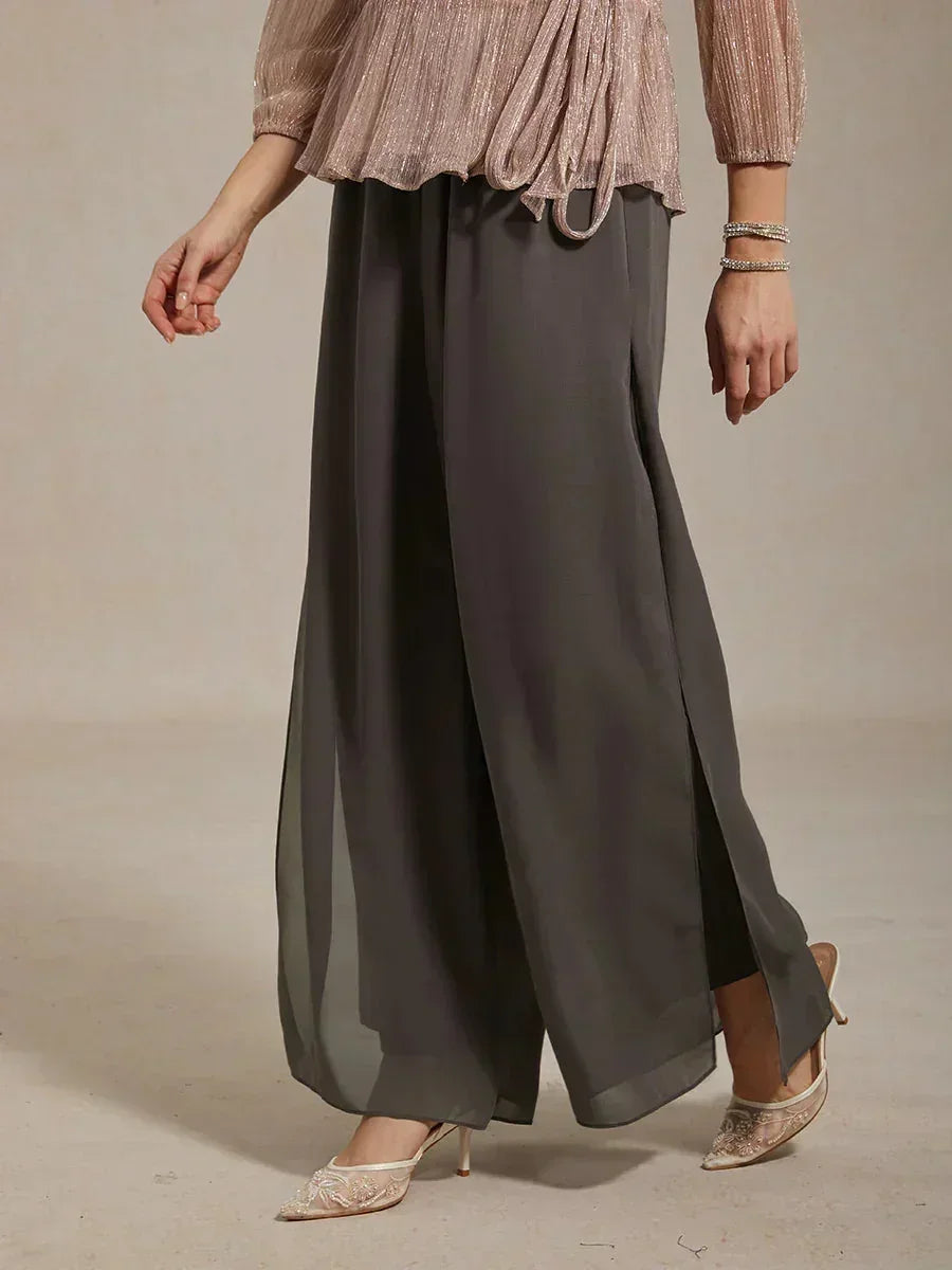 Pantaloni a Gamba Dritta con Sovrapposizione in Chiffon
