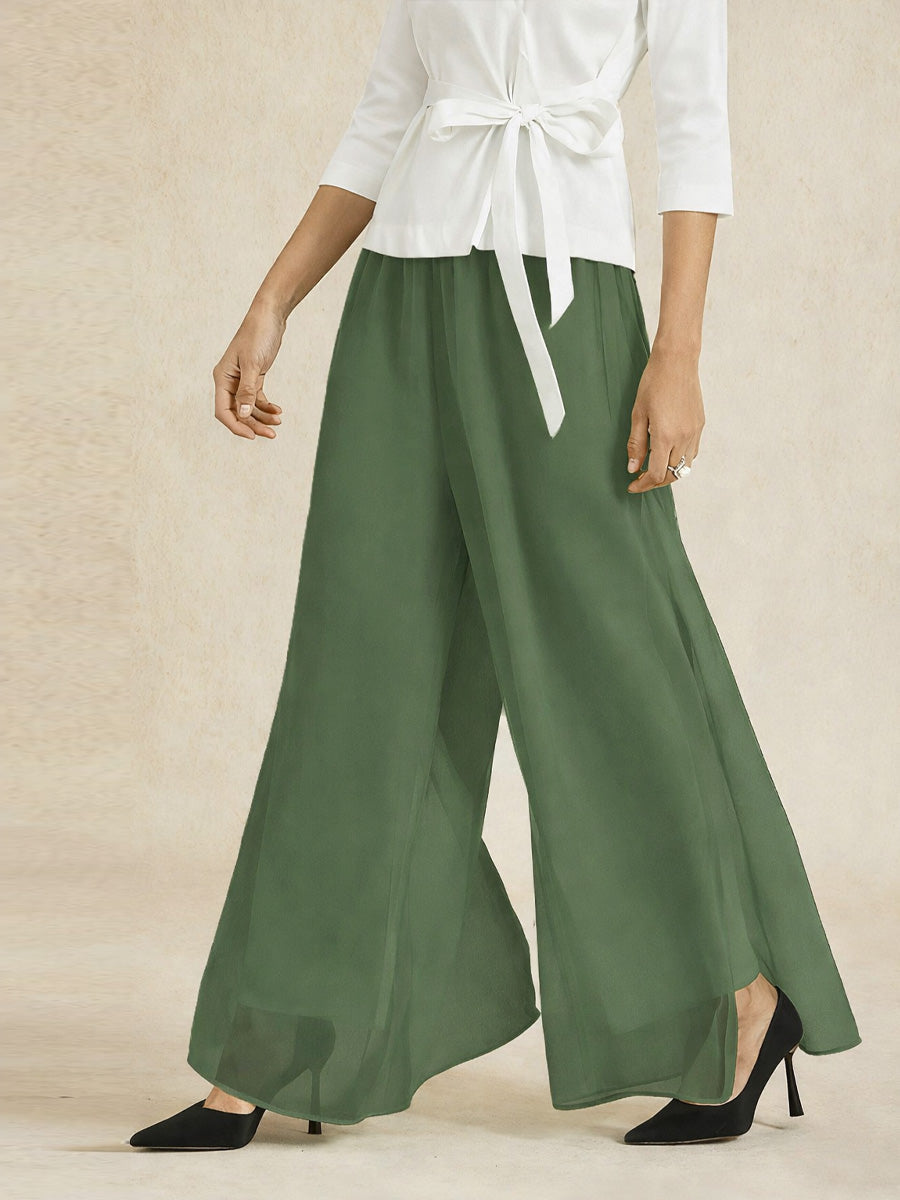 Pantaloni a Gamba Dritta con Sovrapposizione in Chiffon