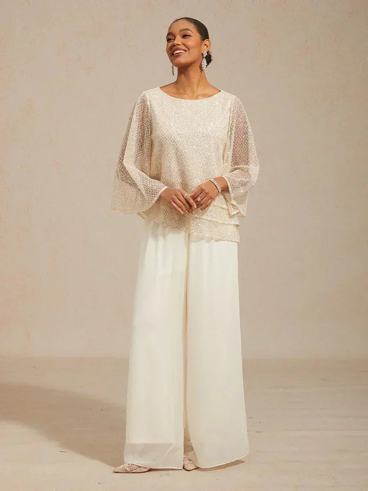 Pantaloni a Gamba Dritta con Sovrapposizione in Chiffon