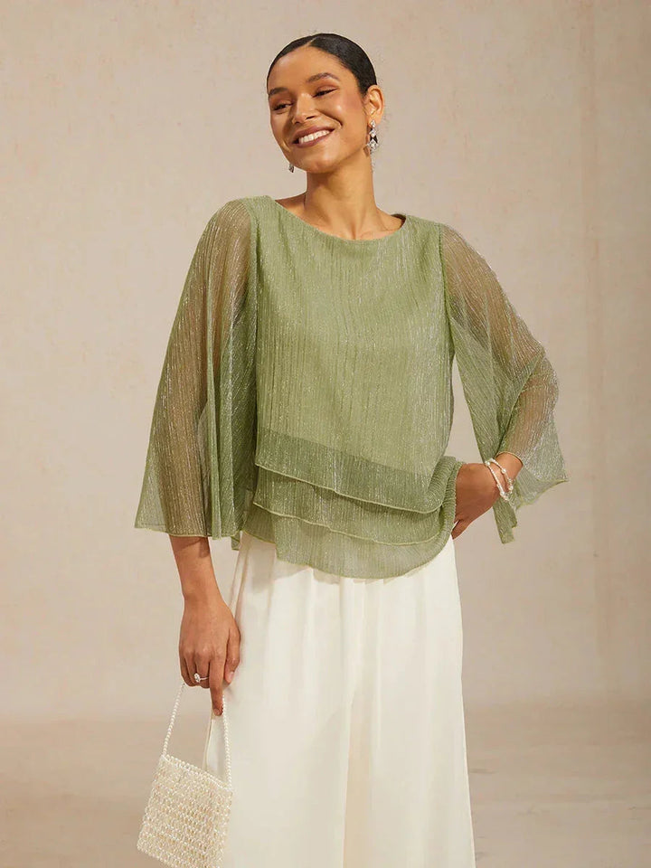 Blusa Asimmetrica a Strati in Chiffon Plissettato Metallico