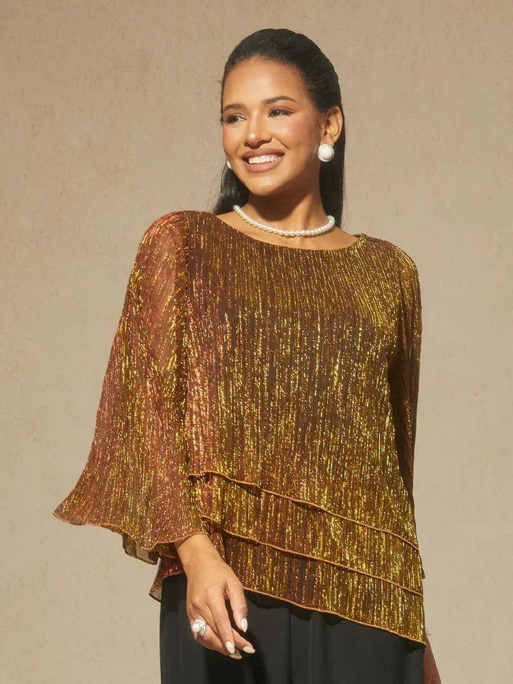 Blusa Asimmetrica a Strati in Chiffon Plissettato Metallico