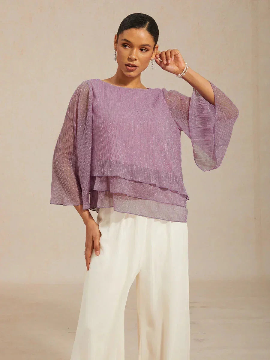 Blusa Asimmetrica a Strati in Chiffon Plissettato Metallico