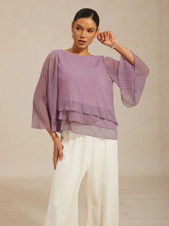 Blusa Asimmetrica a Strati in Chiffon Plissettato Metallico