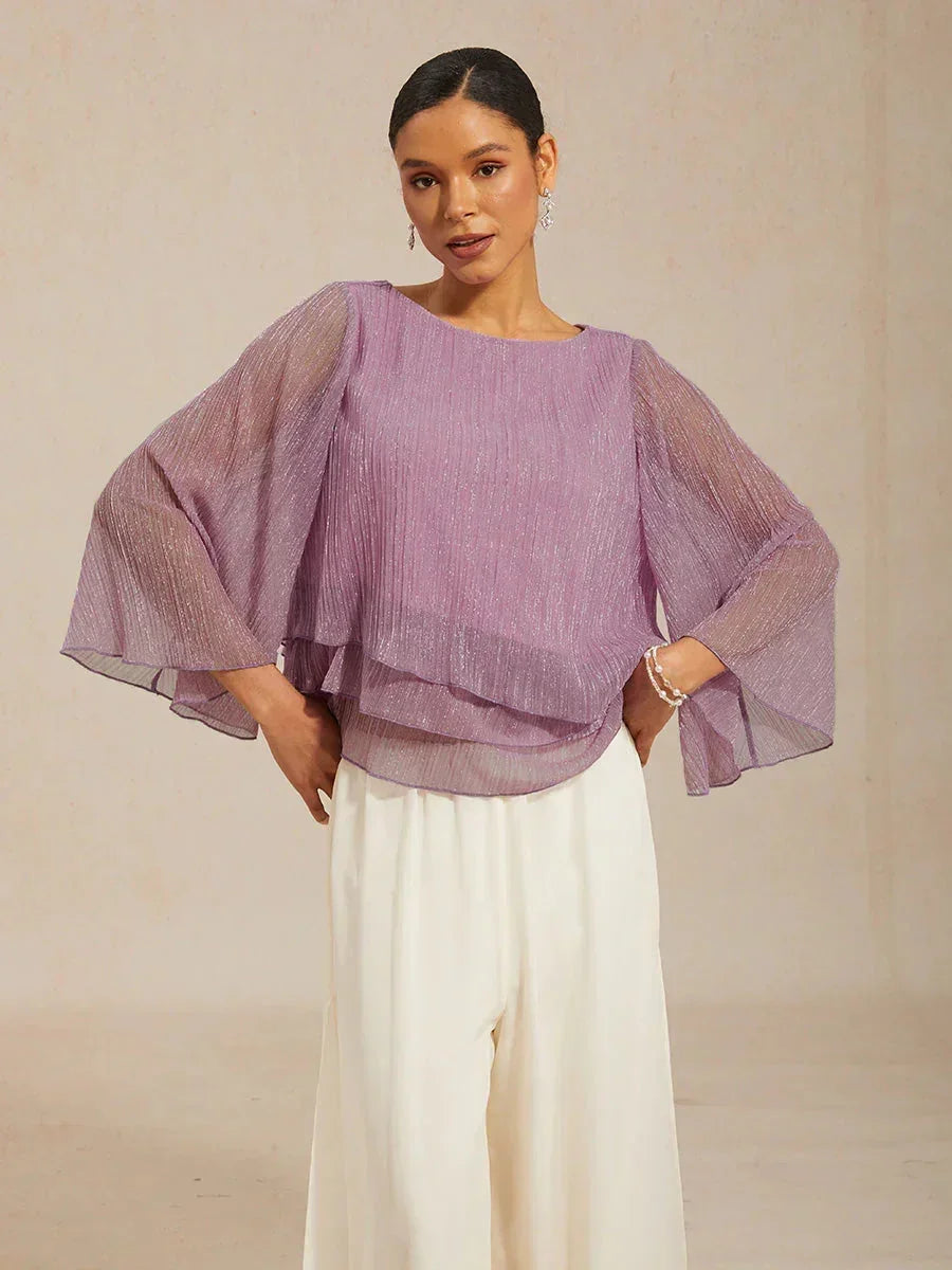 Blusa Asimmetrica a Strati in Chiffon Plissettato Metallico