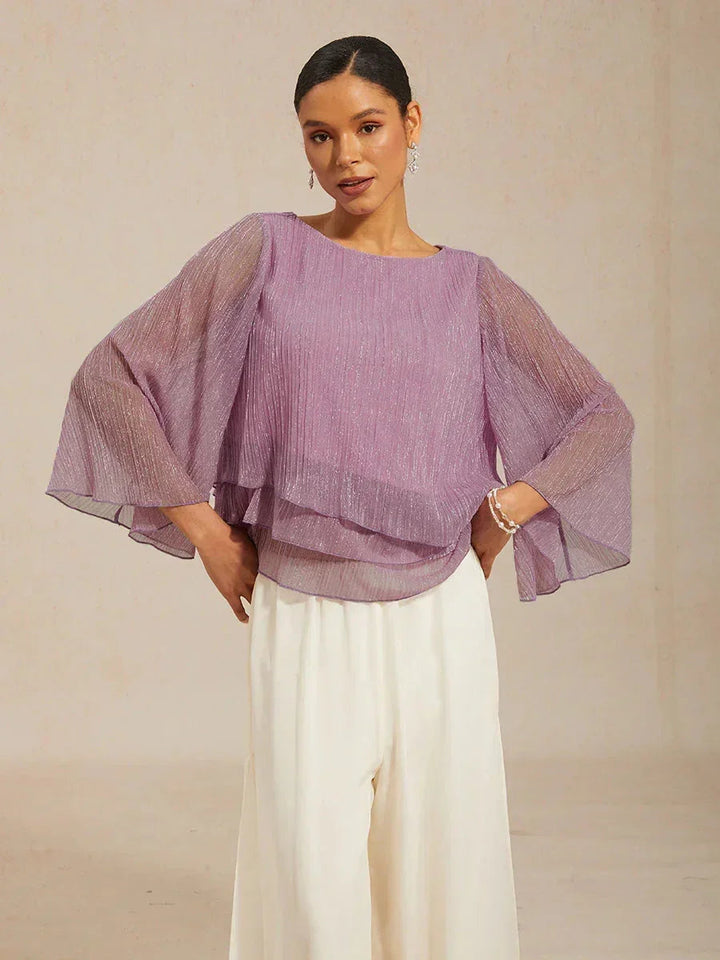 Blusa Asimmetrica a Strati in Chiffon Plissettato Metallico