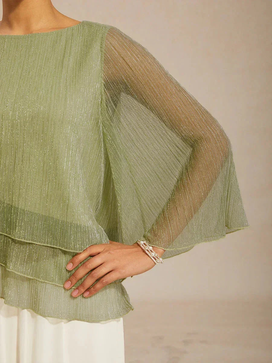 Blusa Asimmetrica a Strati in Chiffon Plissettato Metallico