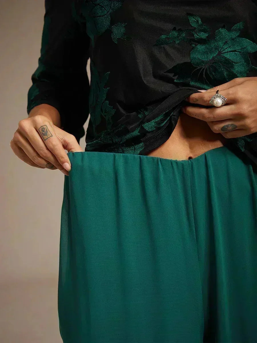 Pantaloni a Gamba Dritta con Sovrapposizione in Chiffon