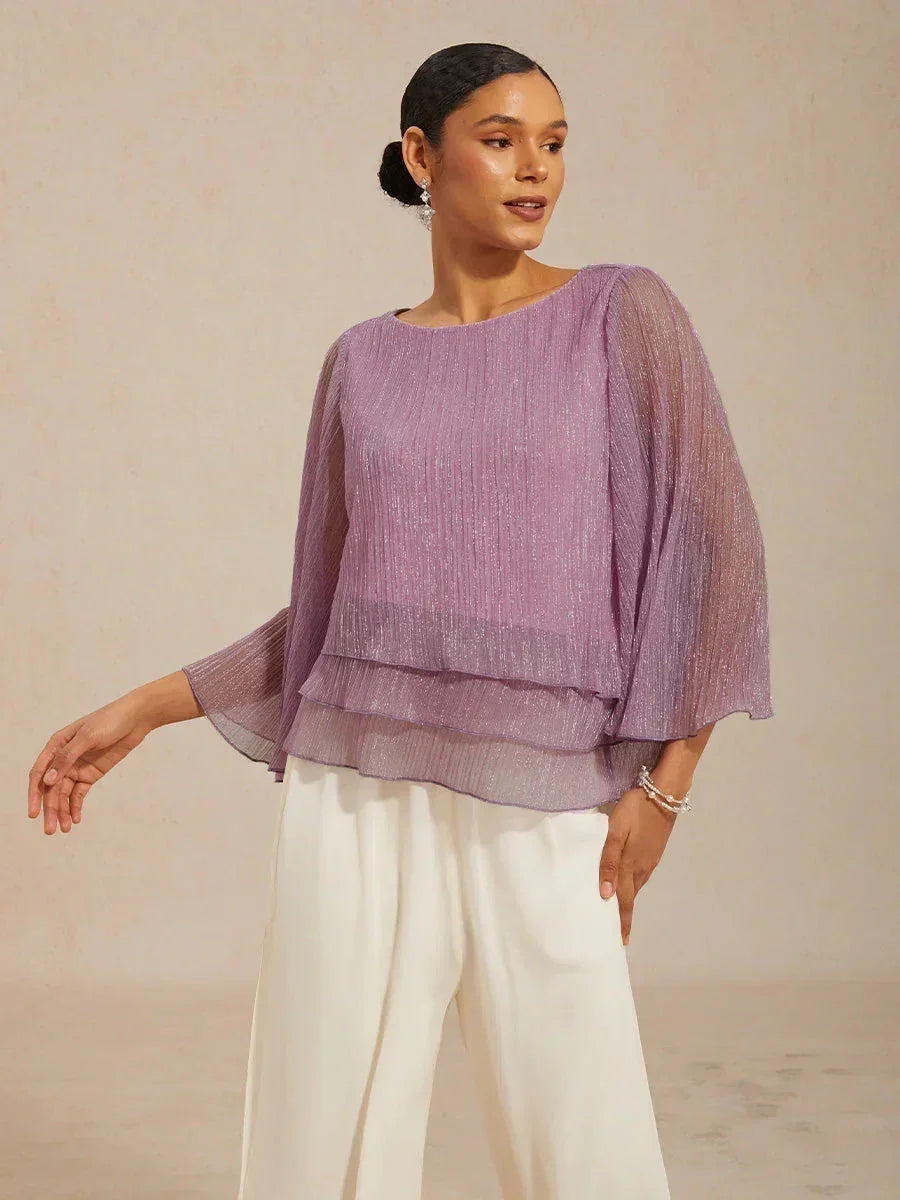 Blusa Asimmetrica a Strati in Chiffon Plissettato Metallico
