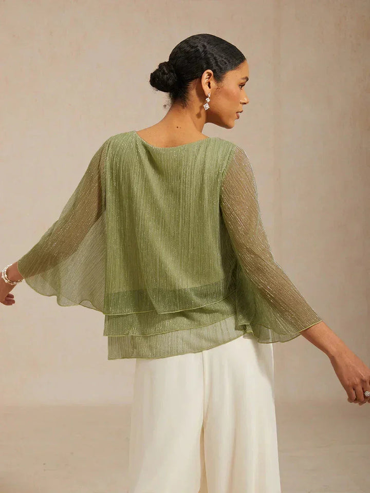 Blusa Asimmetrica a Strati in Chiffon Plissettato Metallico
