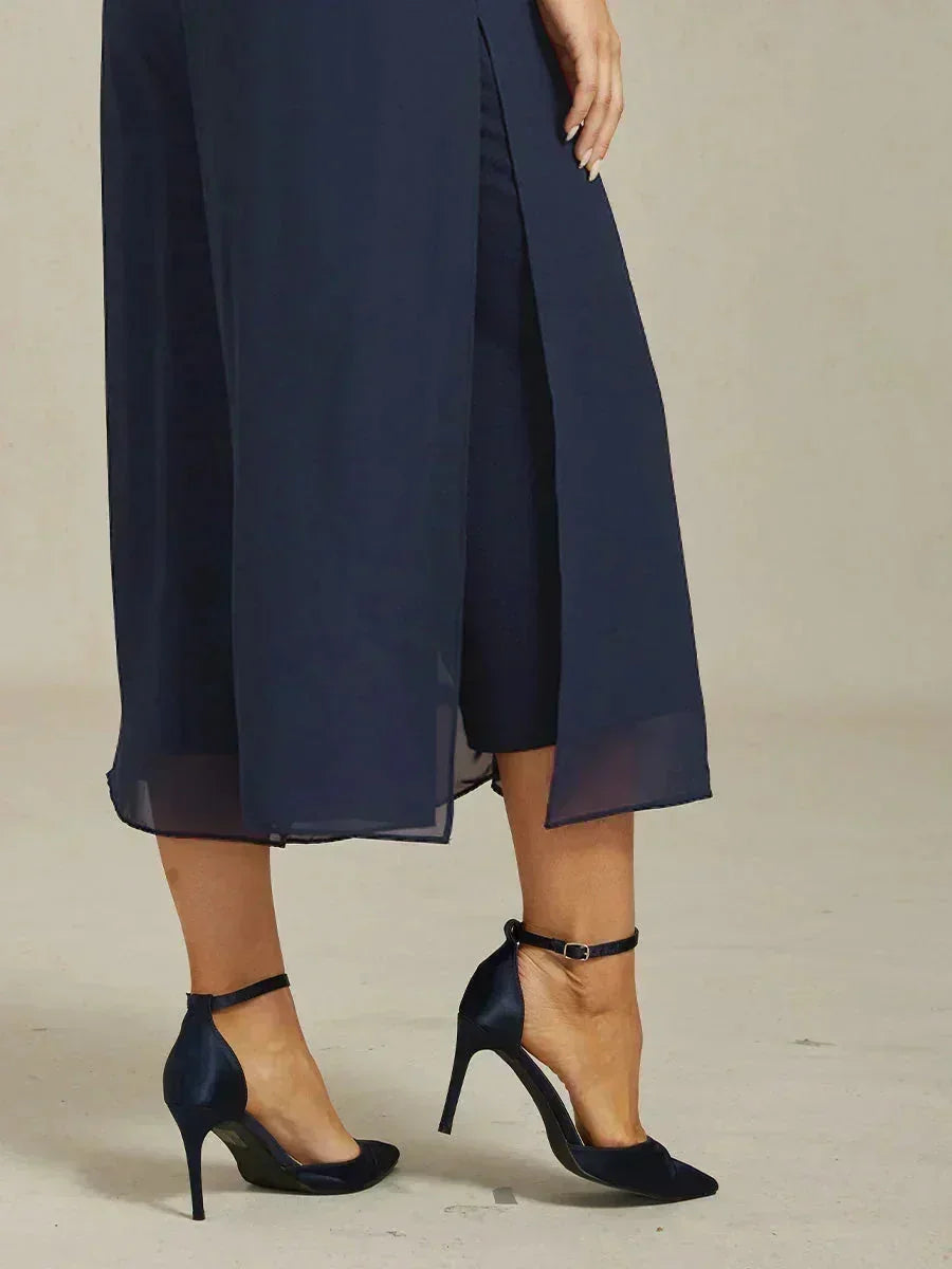Pantaloni a gamba dritta con lunghezza cropped e sovrapposizione in chiffon